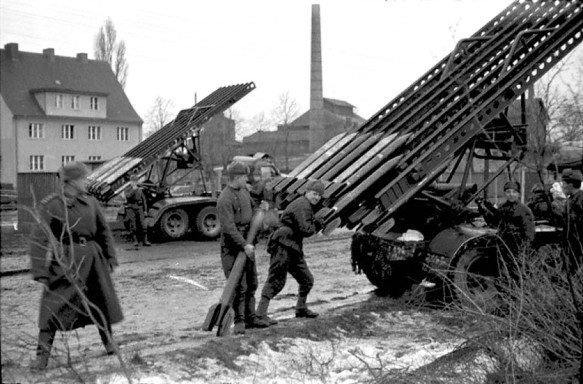 Russian soldiers loading  "Katyusha" rockets for lunching.